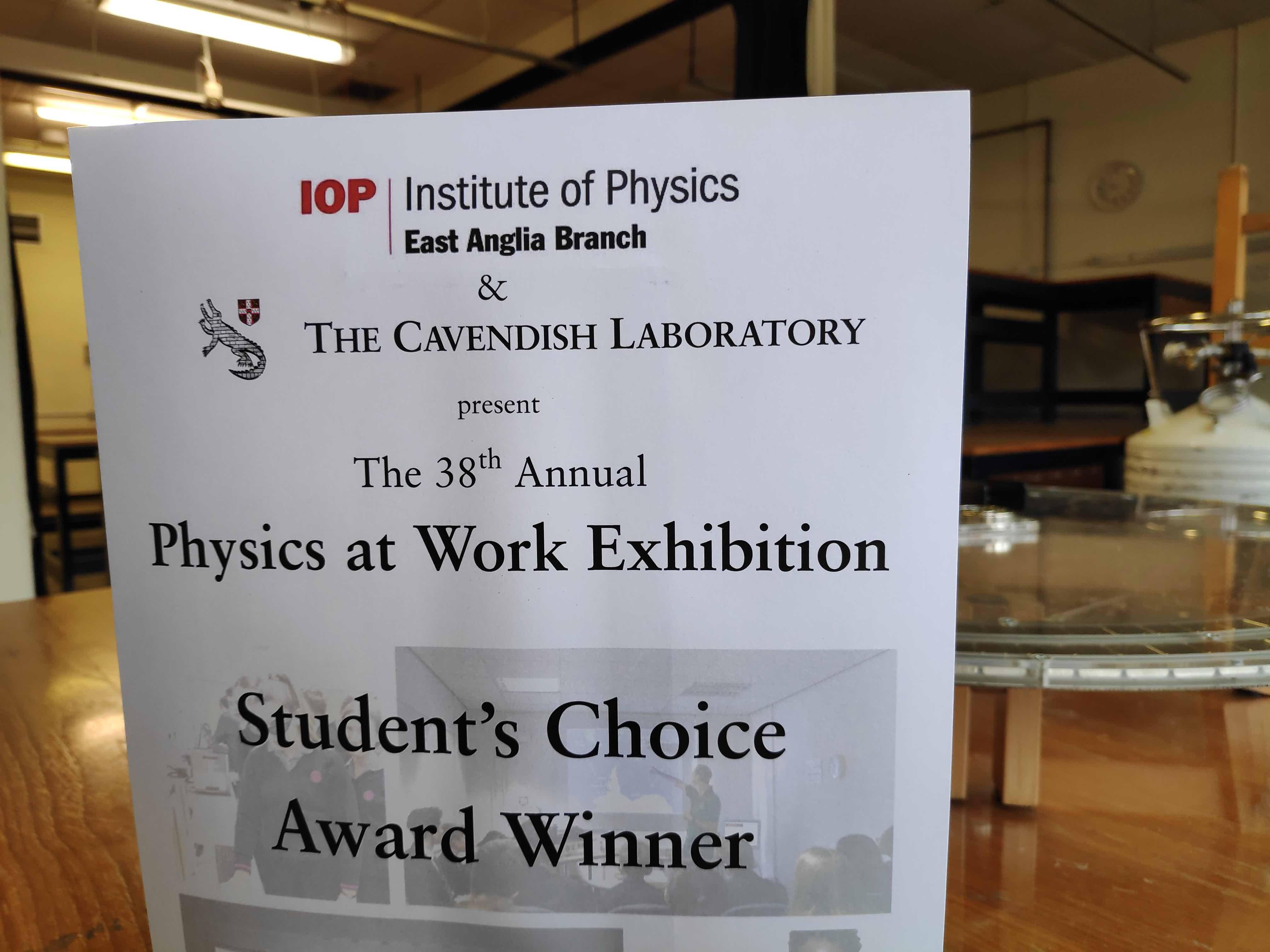 Student Physics at Work prize certificate